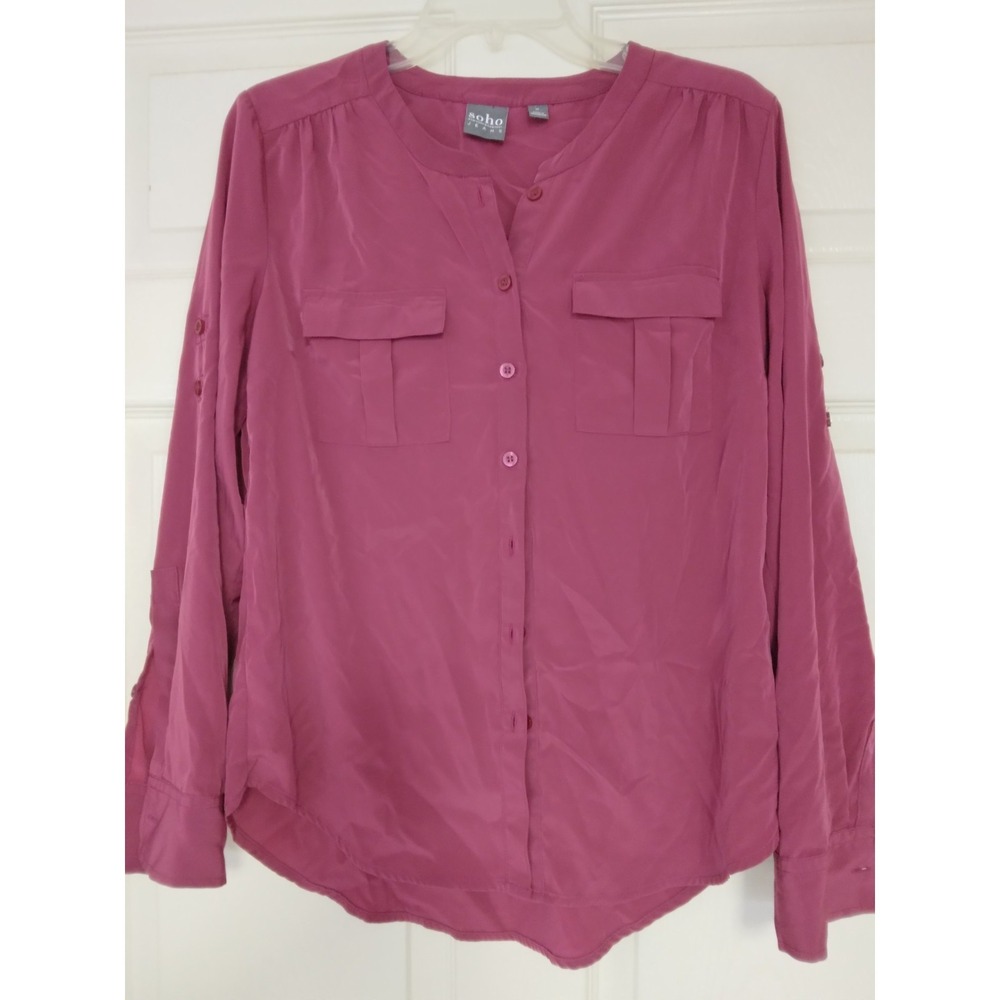 SoHo Magneta silky roll tab long sleeve blouse button down chest pockets
